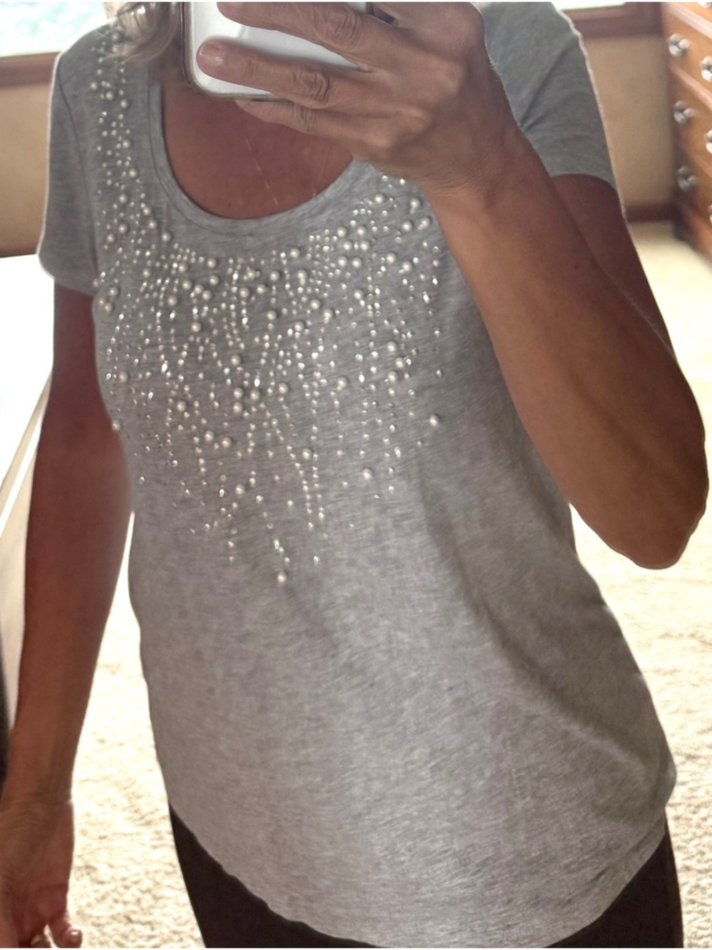 White House Black Market Gray Scoop Neck Tee with Pearl Embellishments